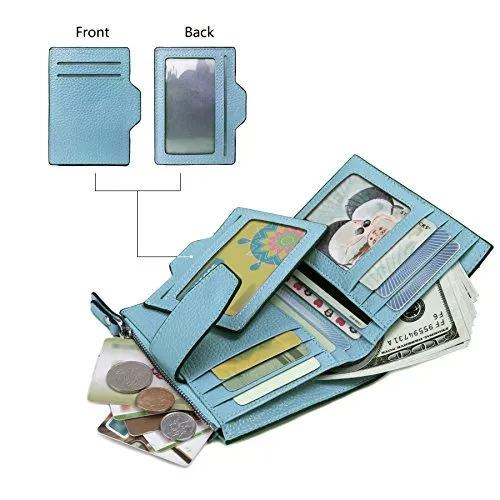 AINIMOER Women's RFID Blocking Leather Small Compact Bi-fold Zipper Pocket Wallet Card Case Purse (Lichee Gray Blue)