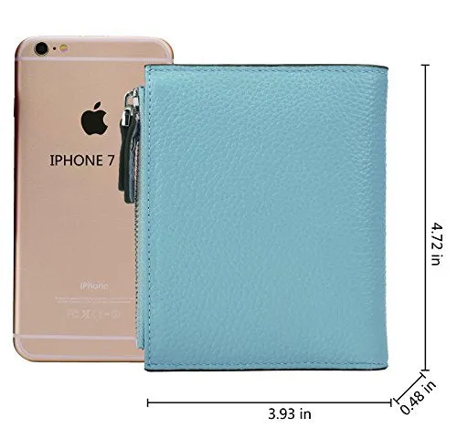 AINIMOER Women's RFID Blocking Leather Small Compact Bi-fold Zipper Pocket Wallet Card Case Purse (Lichee Gray Blue)