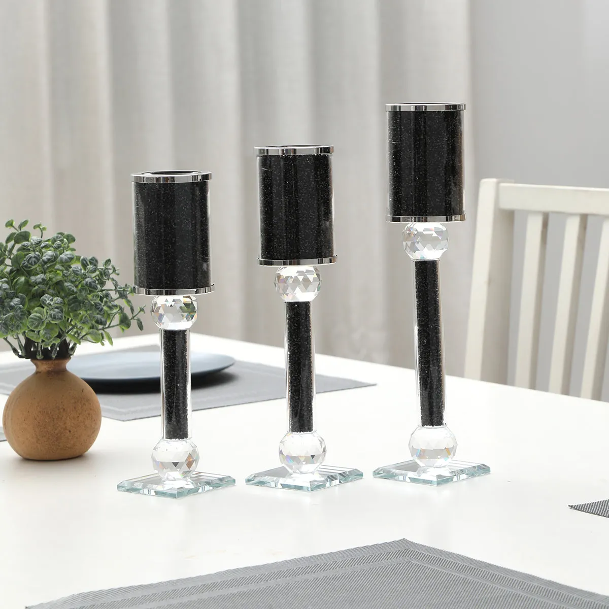 Ambrose 3 Candles Holder Set, Black Crushed Diamonds Glass