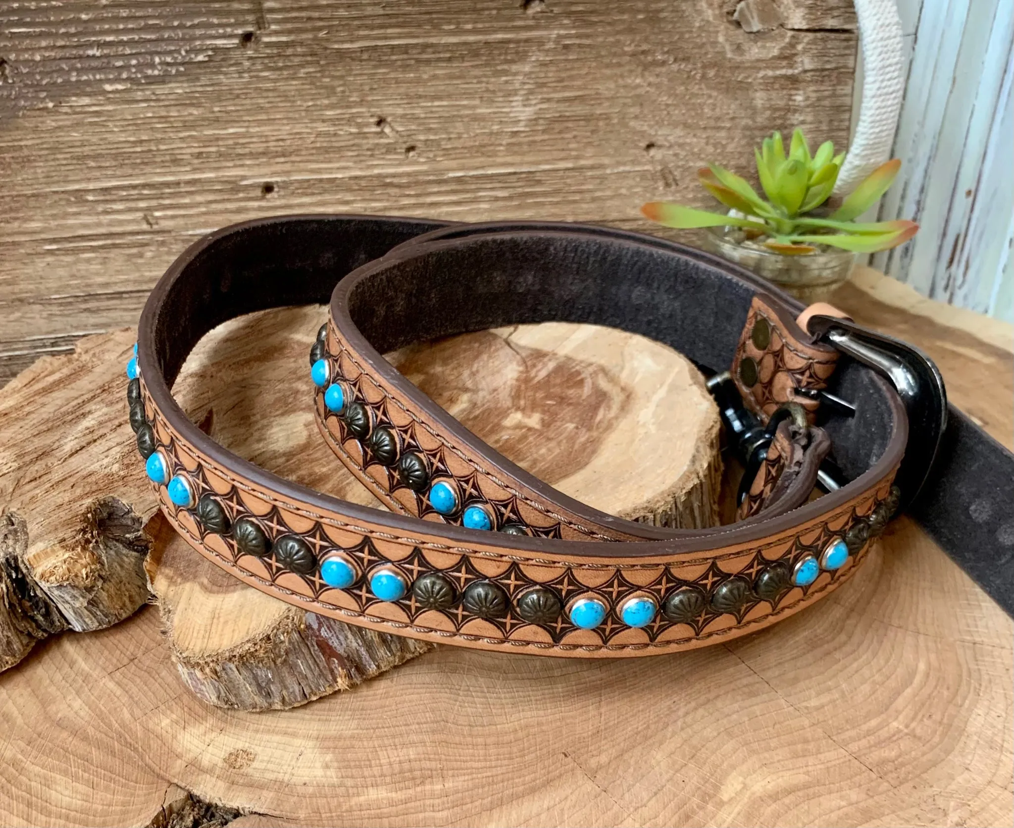 American Darling Hand Tooled Leather Turquoise Adjustable Purse Strap