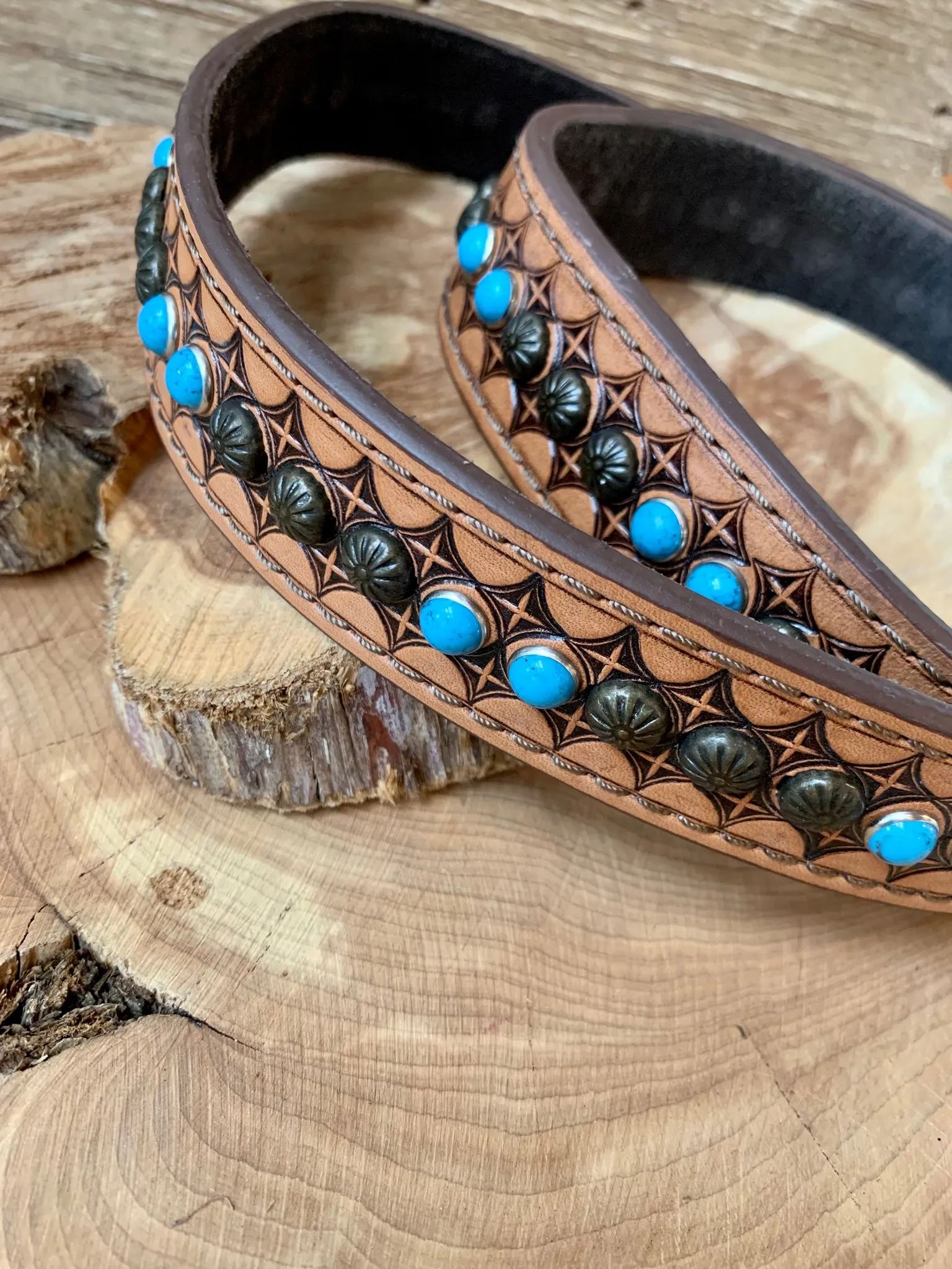 American Darling Hand Tooled Leather Turquoise Adjustable Purse Strap