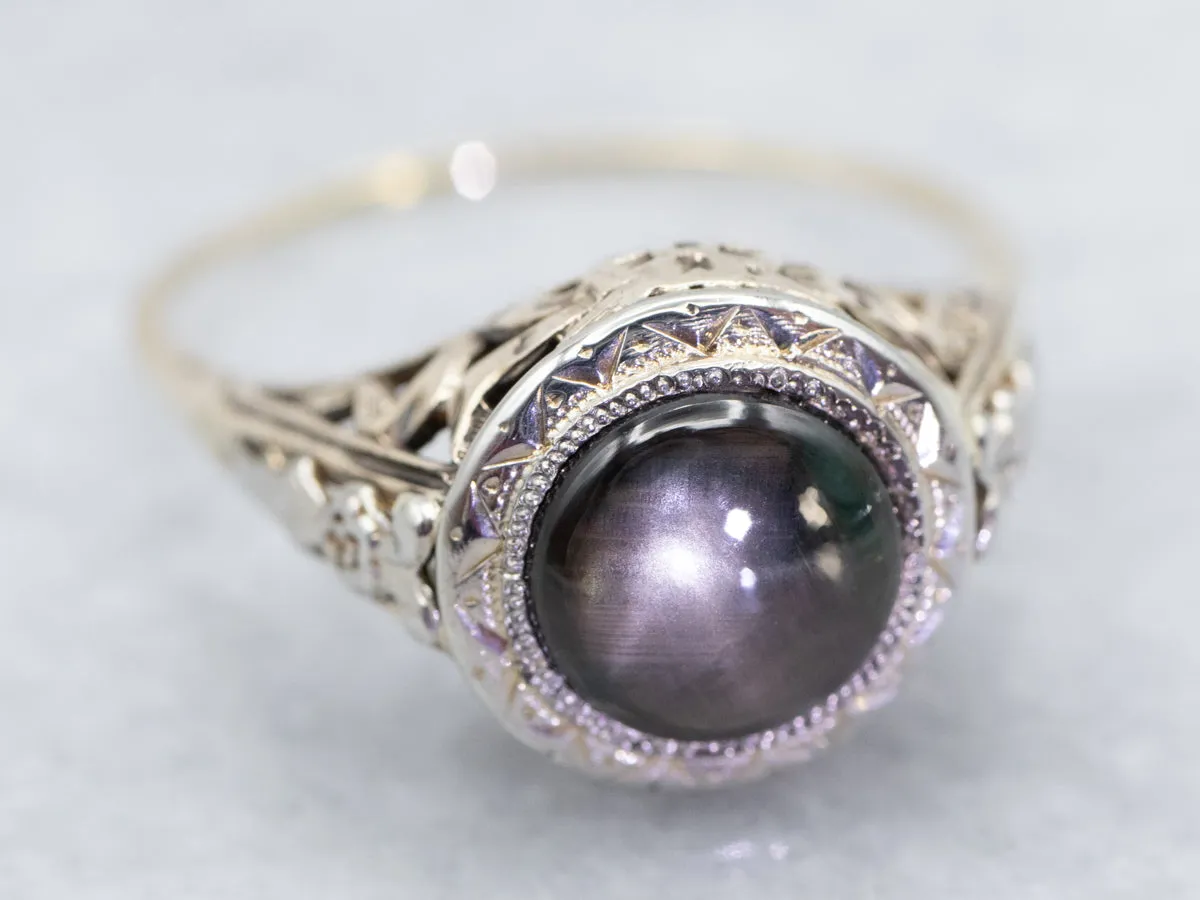Antique Black Star Sapphire Floral Filigree Ring