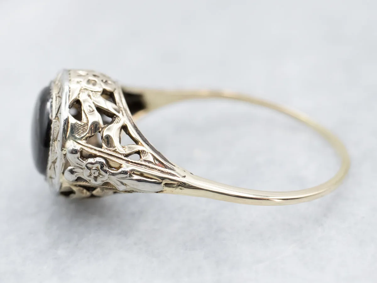 Antique Black Star Sapphire Floral Filigree Ring