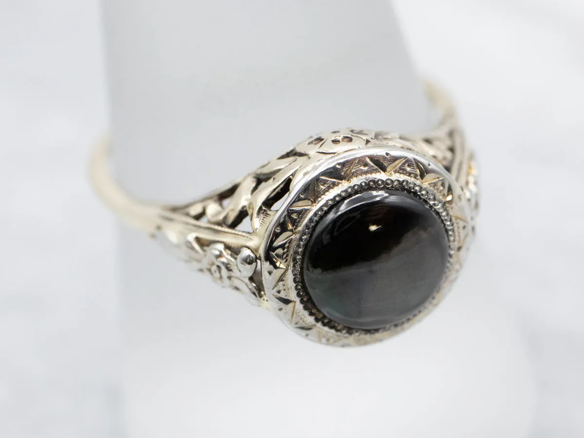 Antique Black Star Sapphire Floral Filigree Ring