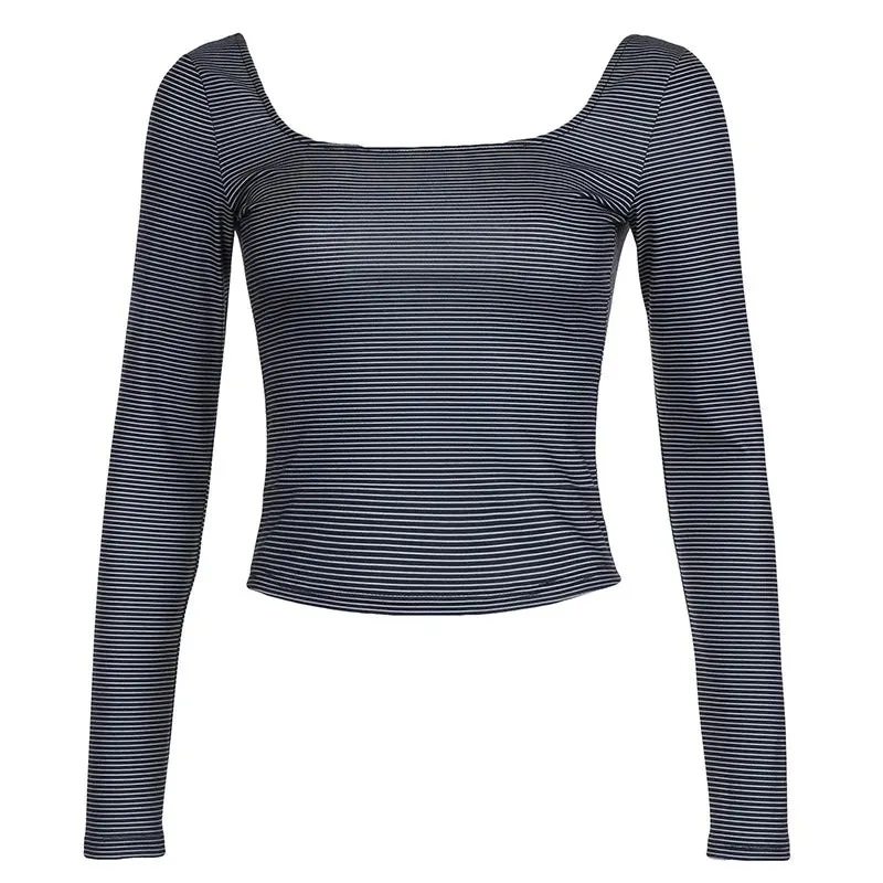 Black and White Striped T Shirts for Women Square Neck Backless Long Sleeve Top 2000s Clothes Y2k Fall 2024 P84-AH10