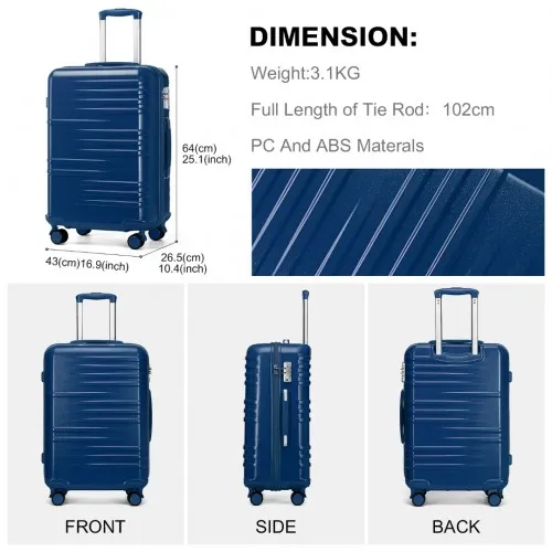 British Traveller 24 Inch Durable Navy Hard Shell Suitcase with TSA Lock