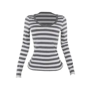Casual Basic Gray Striped T Shirts for Woman 2000s Clothes Y2k Deep V Neck Long Sleeve Top Women Fall 2024 P66-BB16