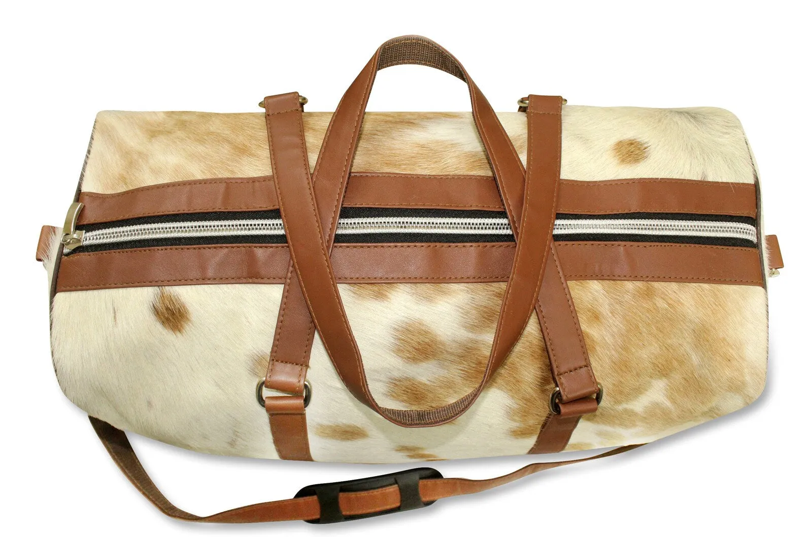 cowhide duffle bag light tan brown white