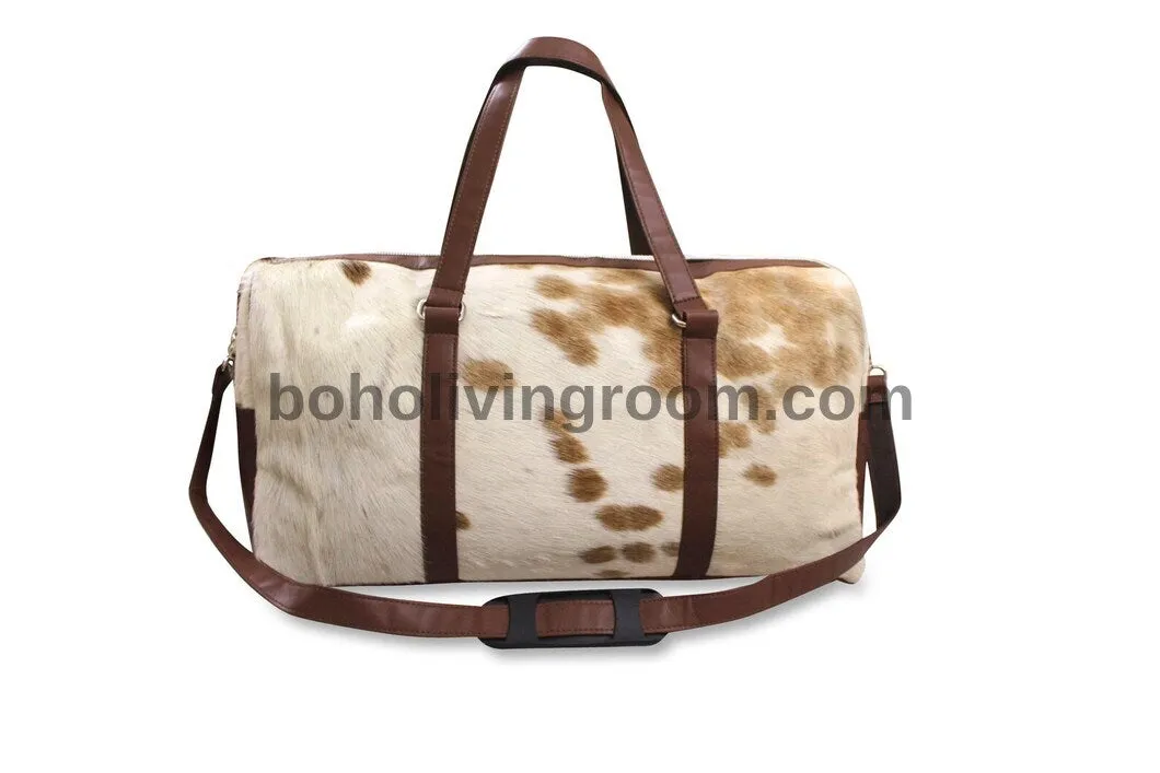 cowhide duffle bag light tan brown white