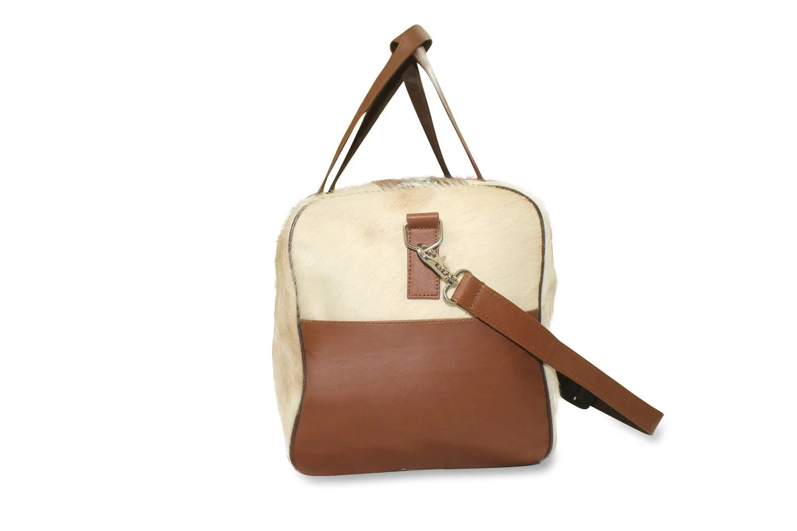 cowhide duffle bag light tan brown white