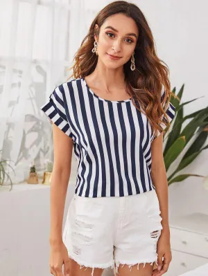 Cuffed Sleeve Two Tone Striped Top