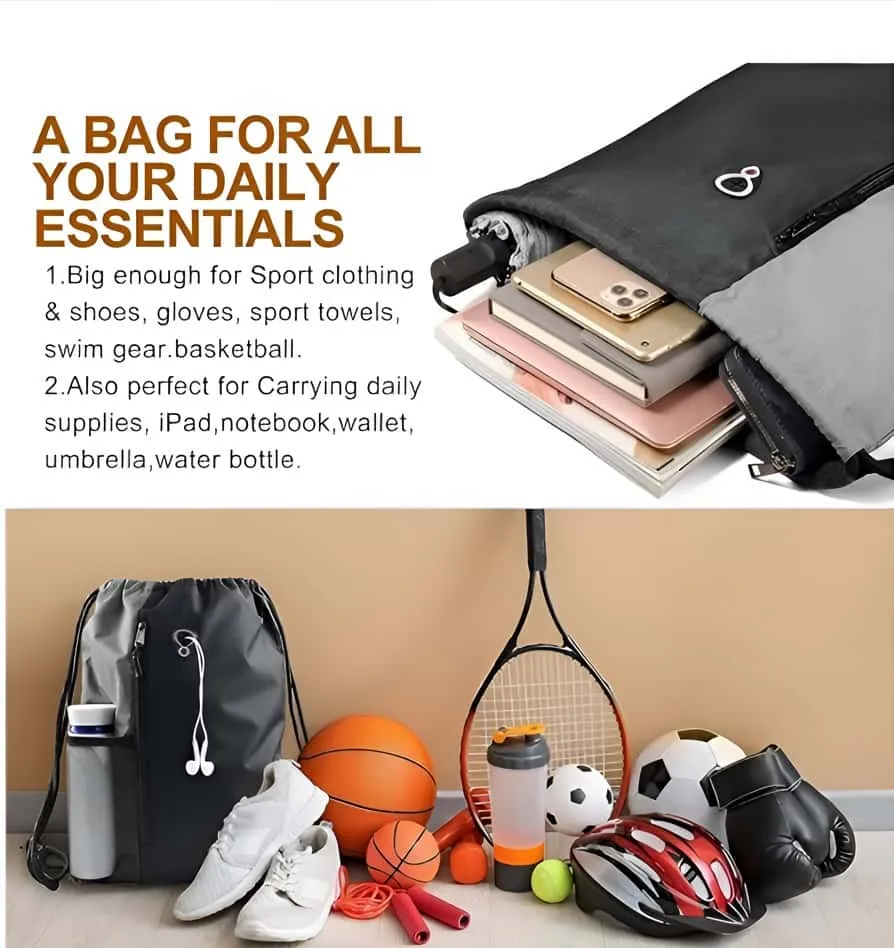 Drawstring Bag for Sports | Gym and String Backpack (Pack of 2 pcs) | 16" x 20" Inch (Black)