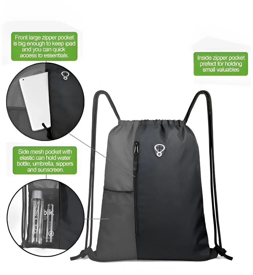 Drawstring Bag for Sports | Gym and String Backpack (Pack of 2 pcs) | 16" x 20" Inch (Black)