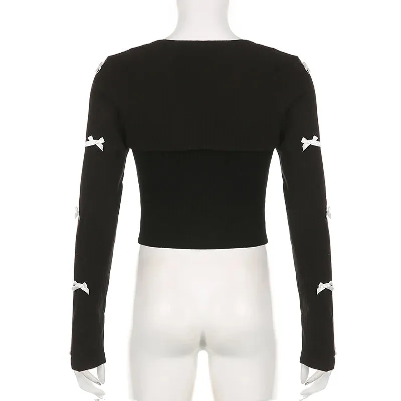 Fashion Chic Bow Female T-shirt 2 Pieces Set Korean Y2K Aesthetic Camis Top Smock Kawaii Lace Trim Knit Long Sleeve