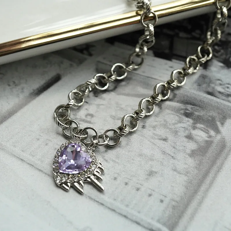 Flaming Heart Silver Chain Purple Violet Rhinestone Gemstone Pendant Necklace