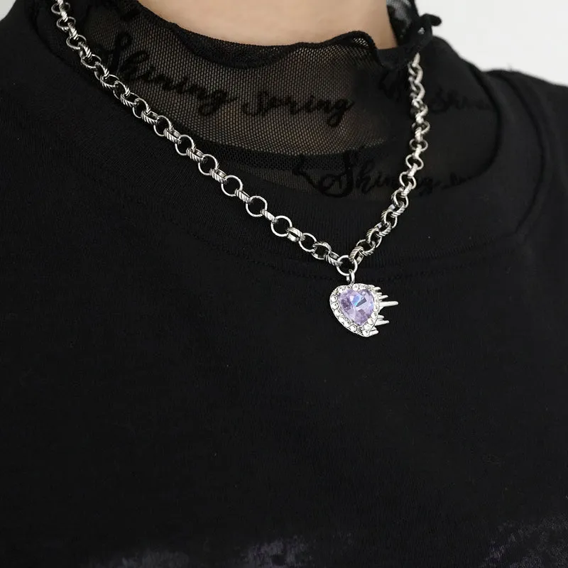 Flaming Heart Silver Chain Purple Violet Rhinestone Gemstone Pendant Necklace