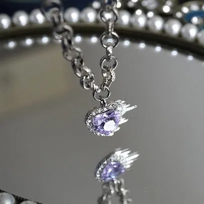 Flaming Heart Silver Chain Purple Violet Rhinestone Gemstone Pendant Necklace