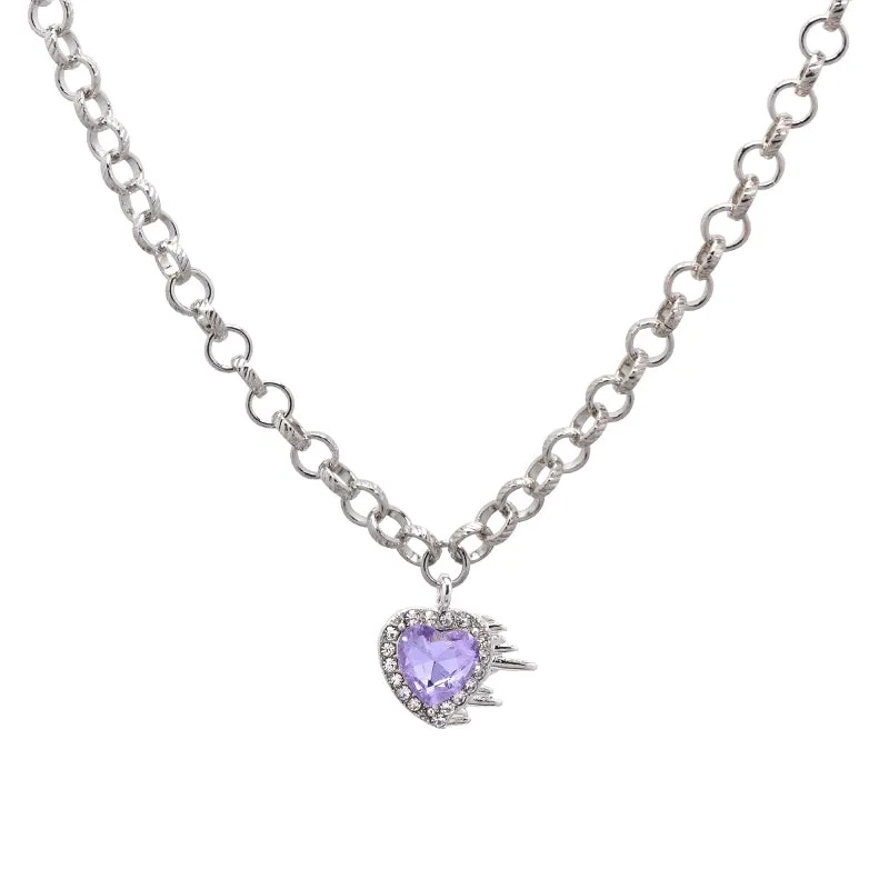 Flaming Heart Silver Chain Purple Violet Rhinestone Gemstone Pendant Necklace