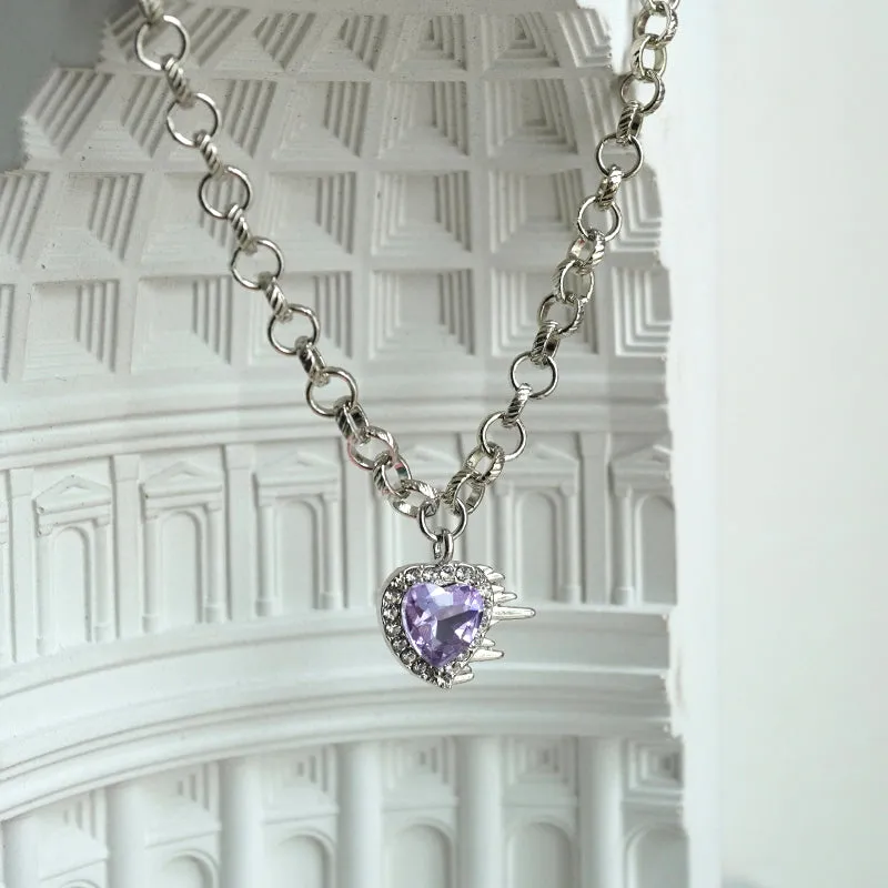 Flaming Heart Silver Chain Purple Violet Rhinestone Gemstone Pendant Necklace