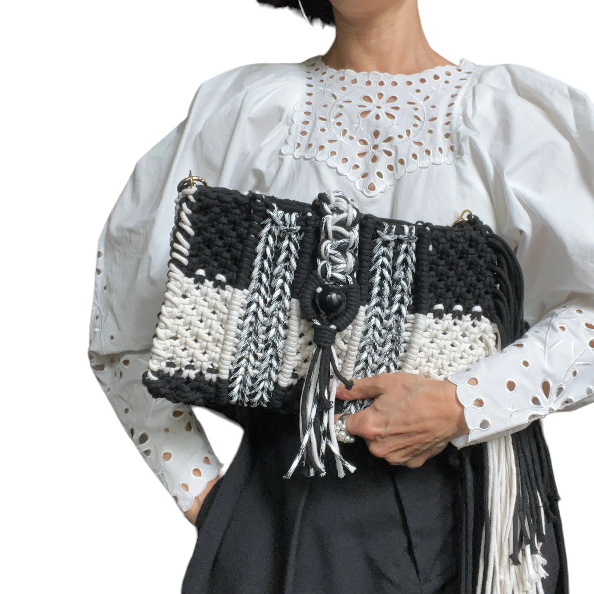 Katya Black and White Macrame Clutch & Shoulder Bag