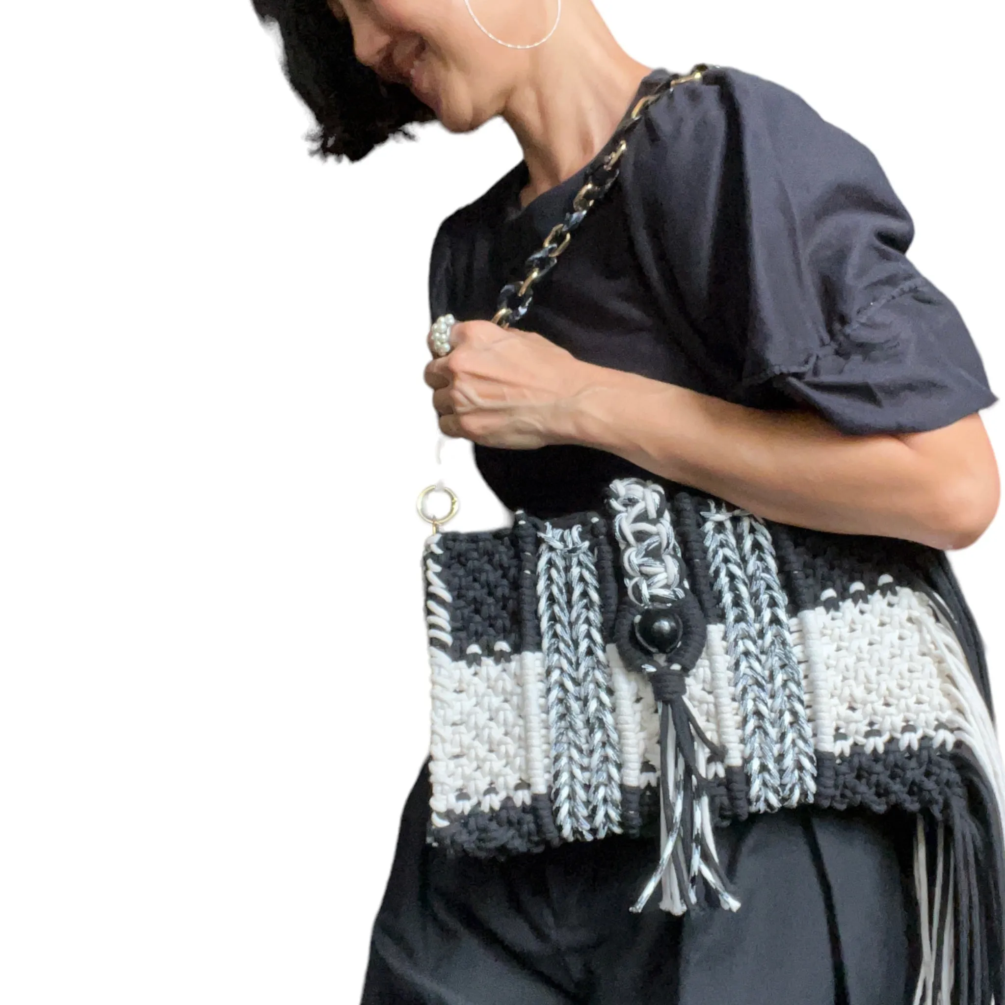 Katya Black and White Macrame Clutch & Shoulder Bag