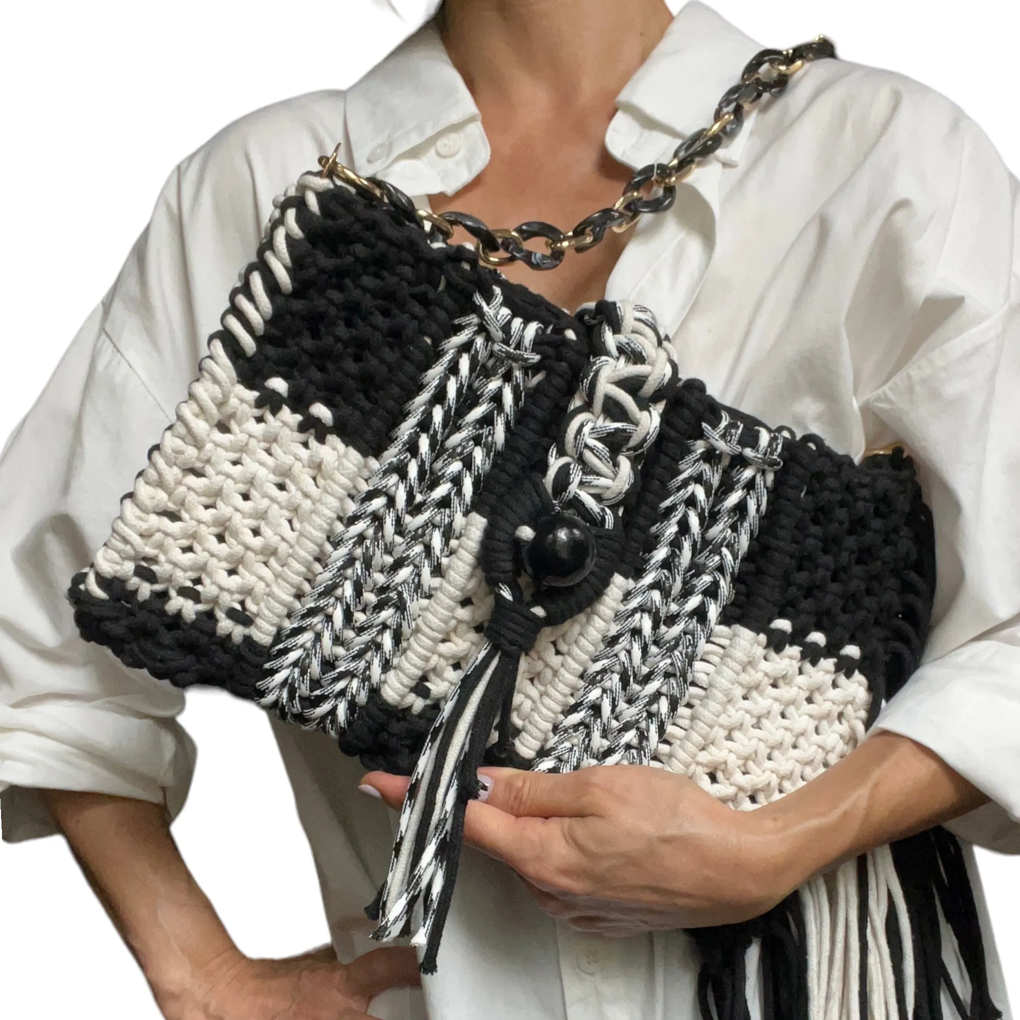 Katya Black and White Macrame Clutch & Shoulder Bag
