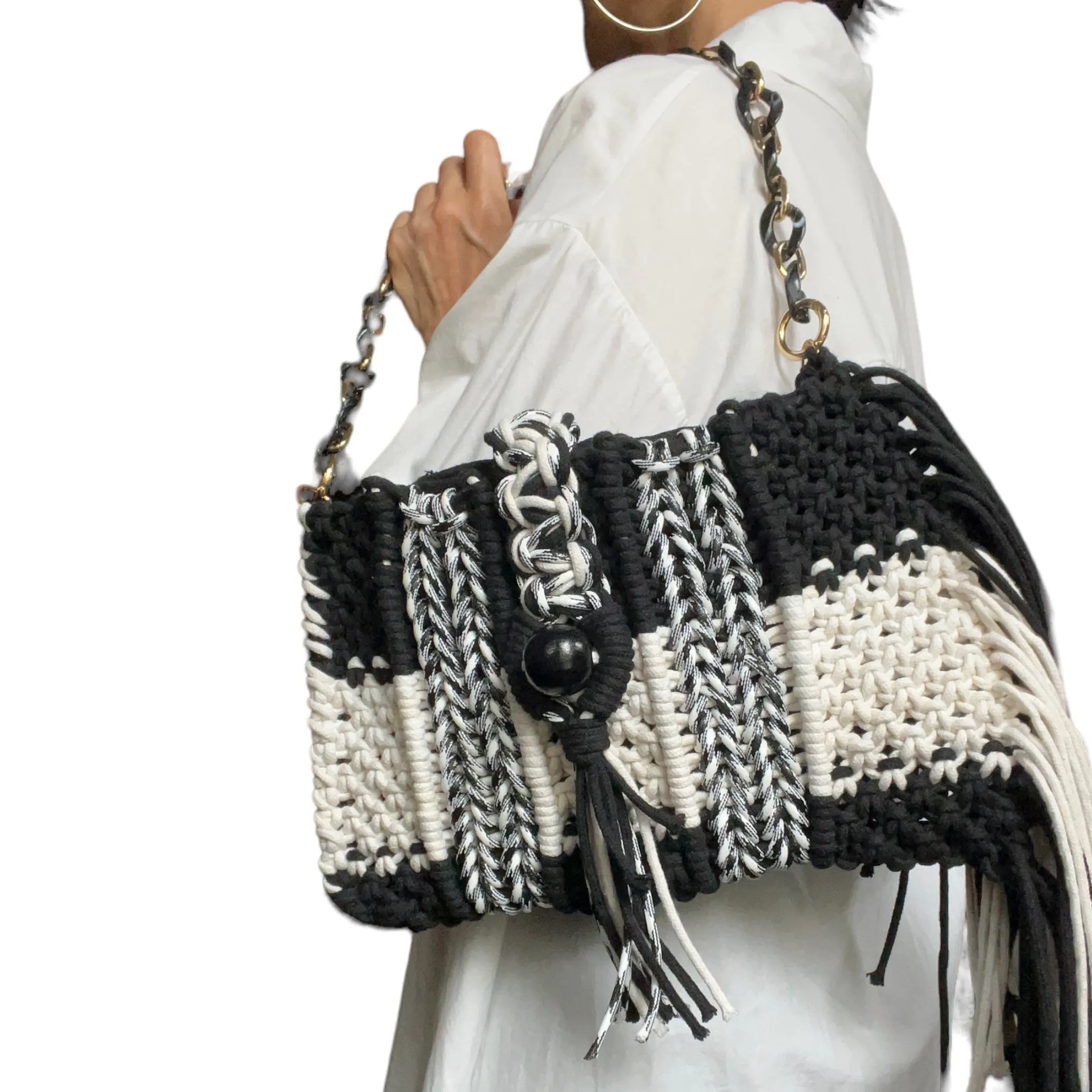 Katya Black and White Macrame Clutch & Shoulder Bag