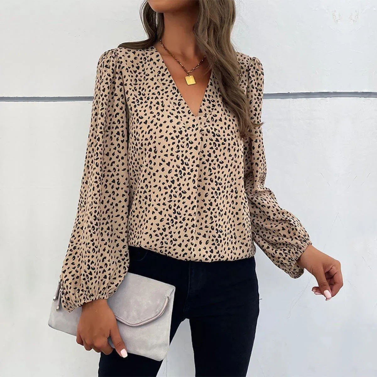 Khaki V-Neck Lantern Sleeve Leopard Blouse