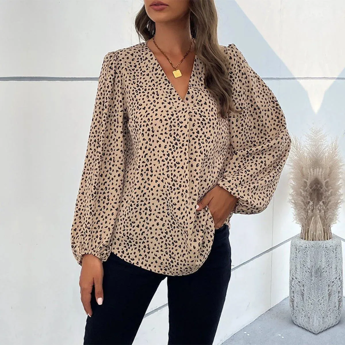 Khaki V-Neck Lantern Sleeve Leopard Blouse
