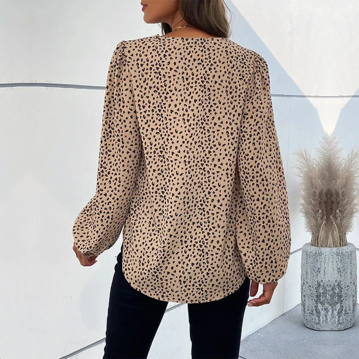 Khaki V-Neck Lantern Sleeve Leopard Blouse