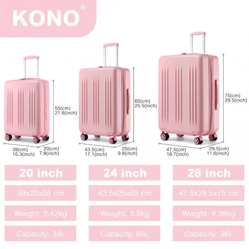 Kono 3 Piece Luggage Set 20/24/28 Inch Sleek Striped Expandable ABS PC Suitcase With TSA Lock And Four Spinner Wheels - Pink