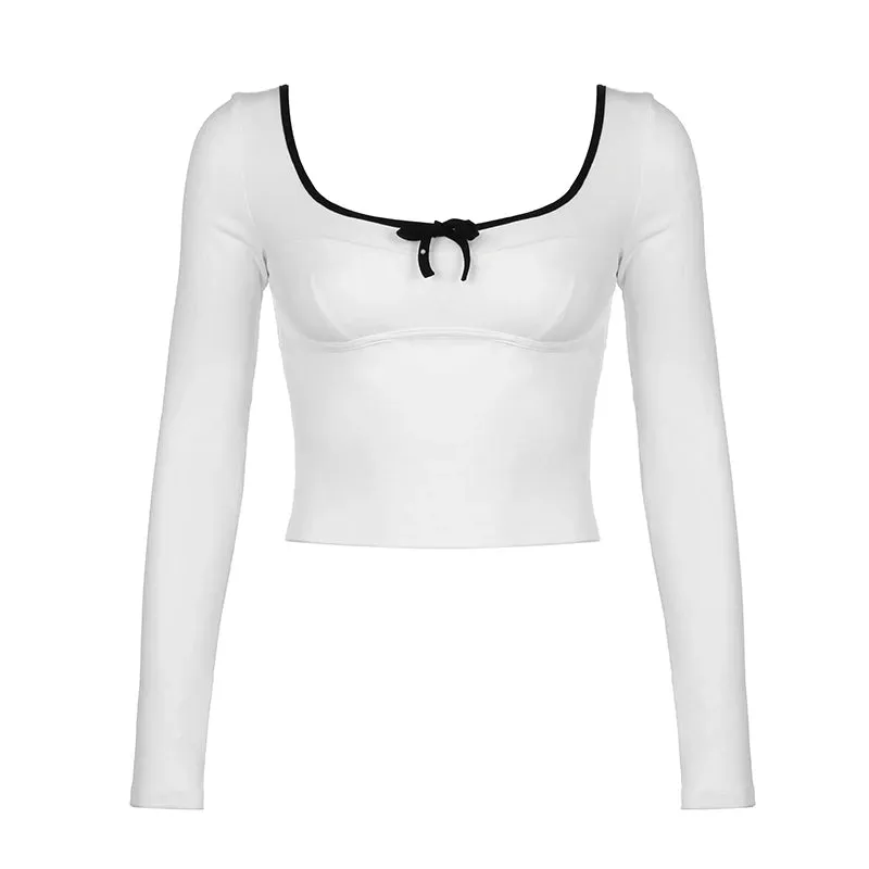 Korean Fashion Stitch Women T-shirts Slim Bow Coquette Clothes Kawaii Autumn Tee Cropped Tops y2k Clothing Backless
