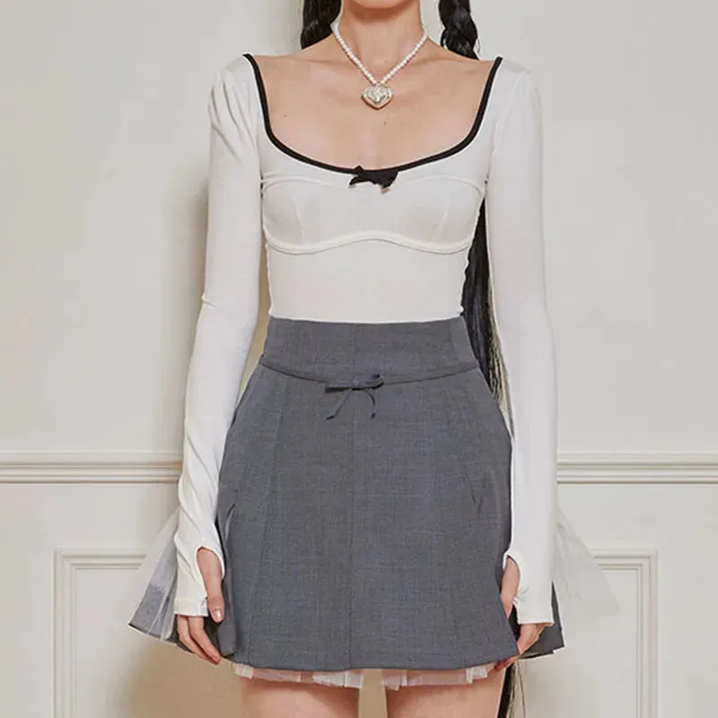 Korean Fashion Stitch Women T-shirts Slim Bow Coquette Clothes Kawaii Autumn Tee Cropped Tops y2k Clothing Backless