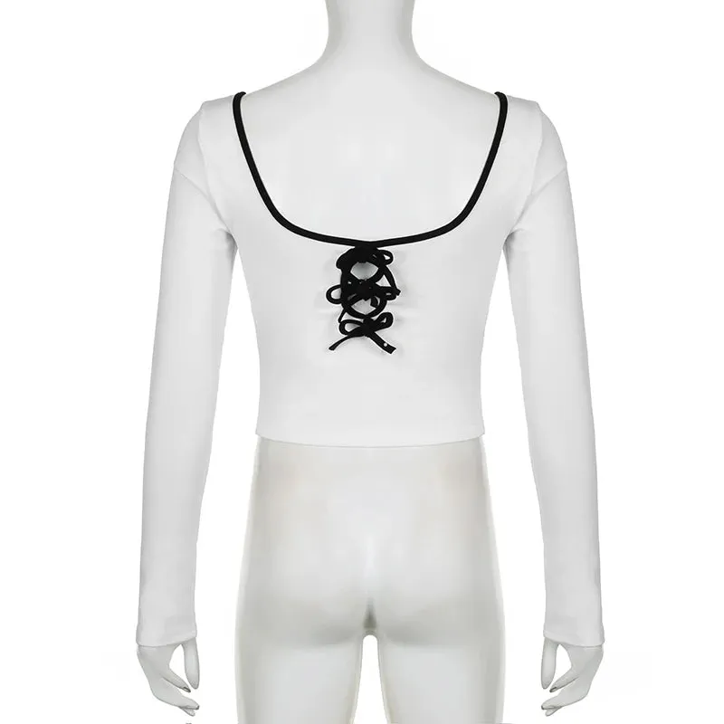 Korean Fashion Stitch Women T-shirts Slim Bow Coquette Clothes Kawaii Autumn Tee Cropped Tops y2k Clothing Backless