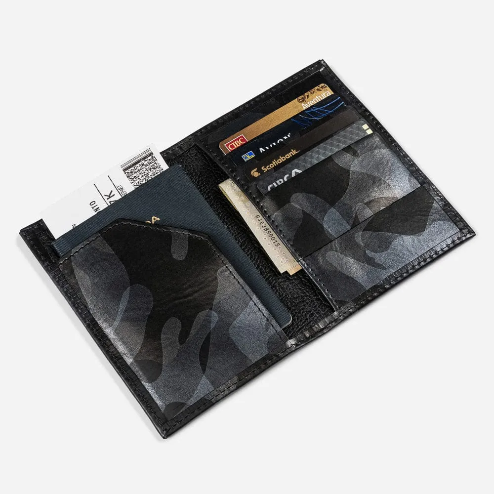 Leather Passport Wallet in Black Camo