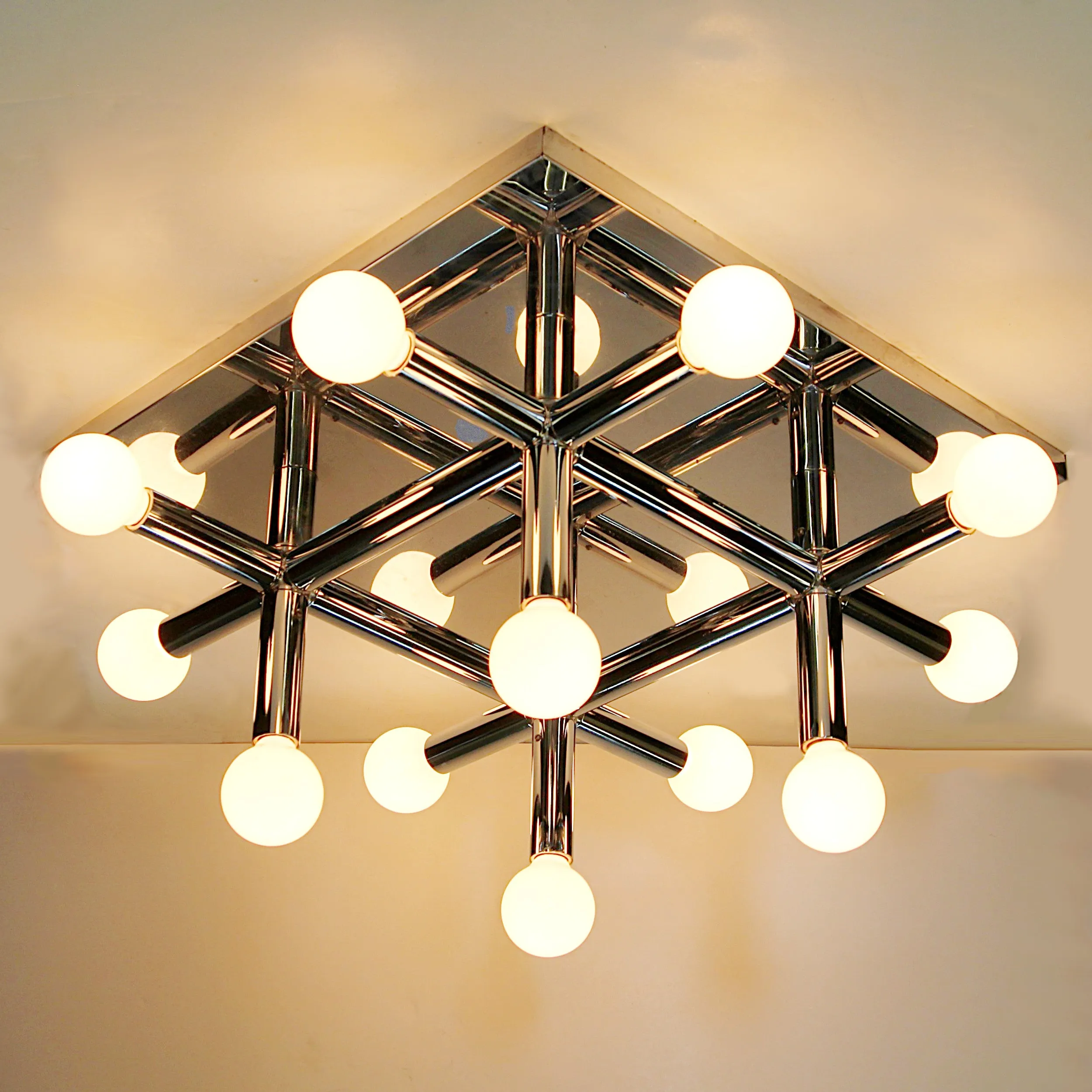Mid-Century Modern Chrome Tic Tac Toe Chandelier Light Fxture by Lightolier