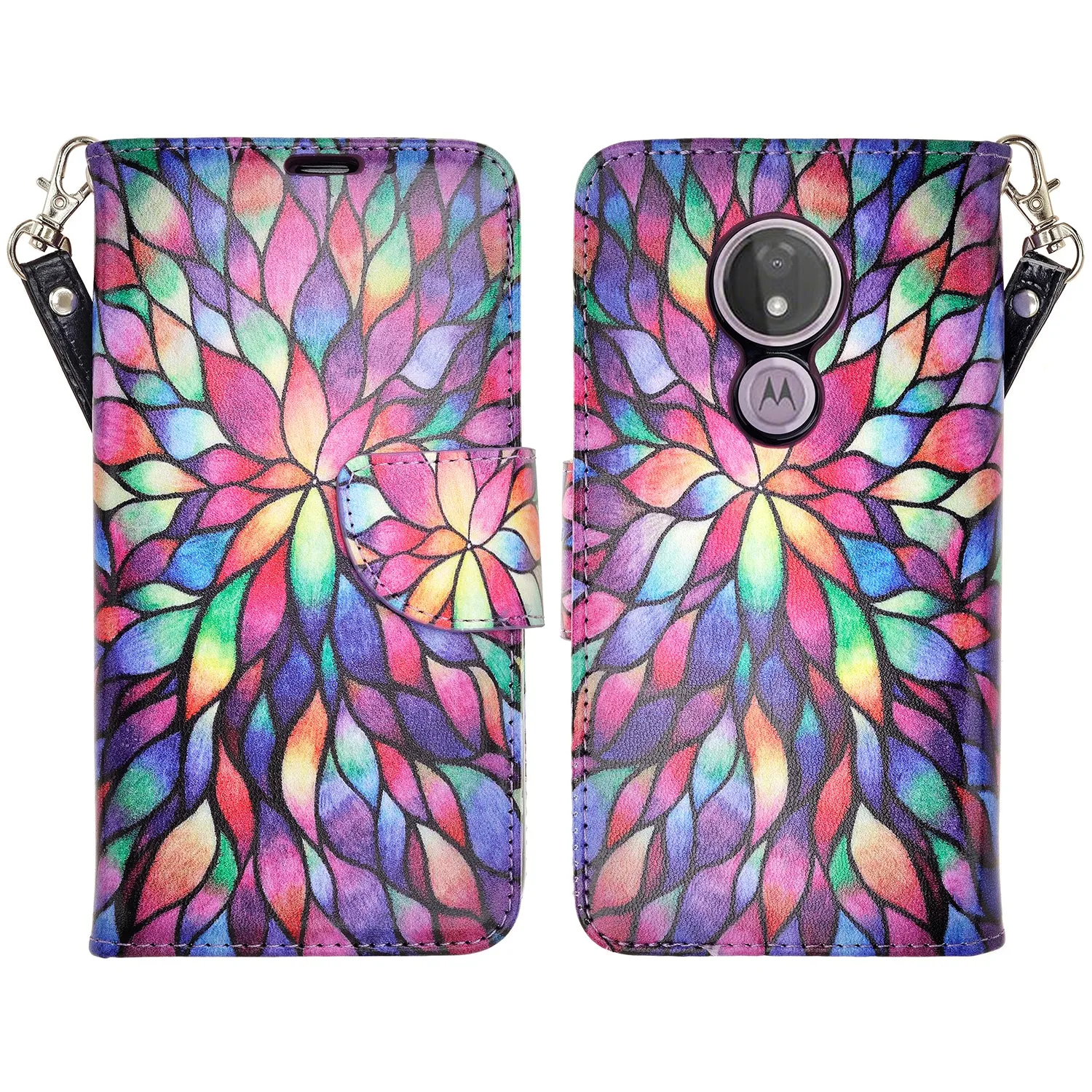Motorola Moto G7 Power/G7 Supra/G7 Optimo Maxx Wallet Case, Wrist Strap Pu Leather Wallet Case [Kickstand] with ID & Credit Card Slots - Rainbow Flower