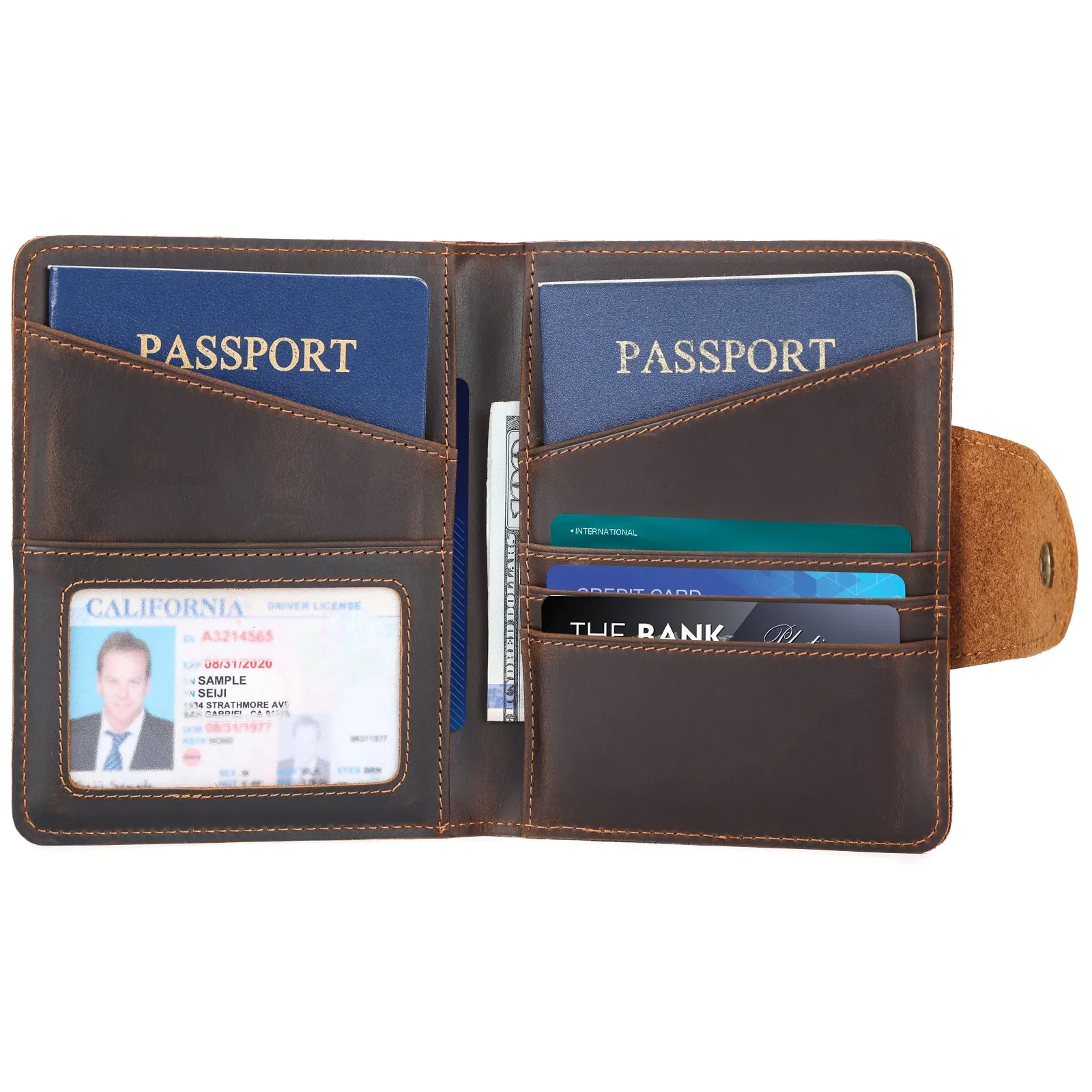 Polare Full Grain Leather Slim and Soft RFID Blocking wallet For Men Snap Bifold Travel Wallet Passport Holders 2 Passports