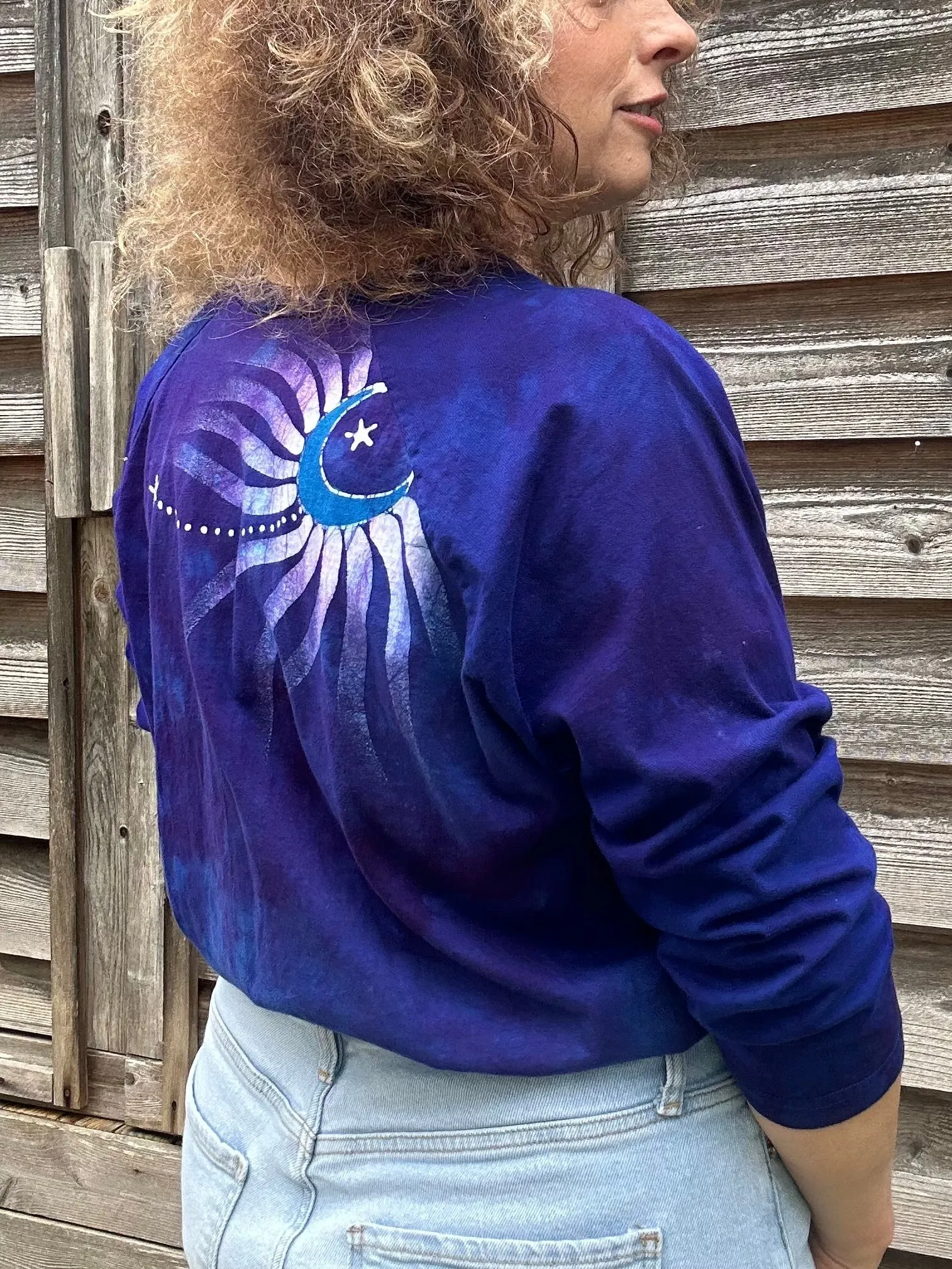 Purple and Blue Moonbeams Raglan Quarter Sleeves Batik Tee