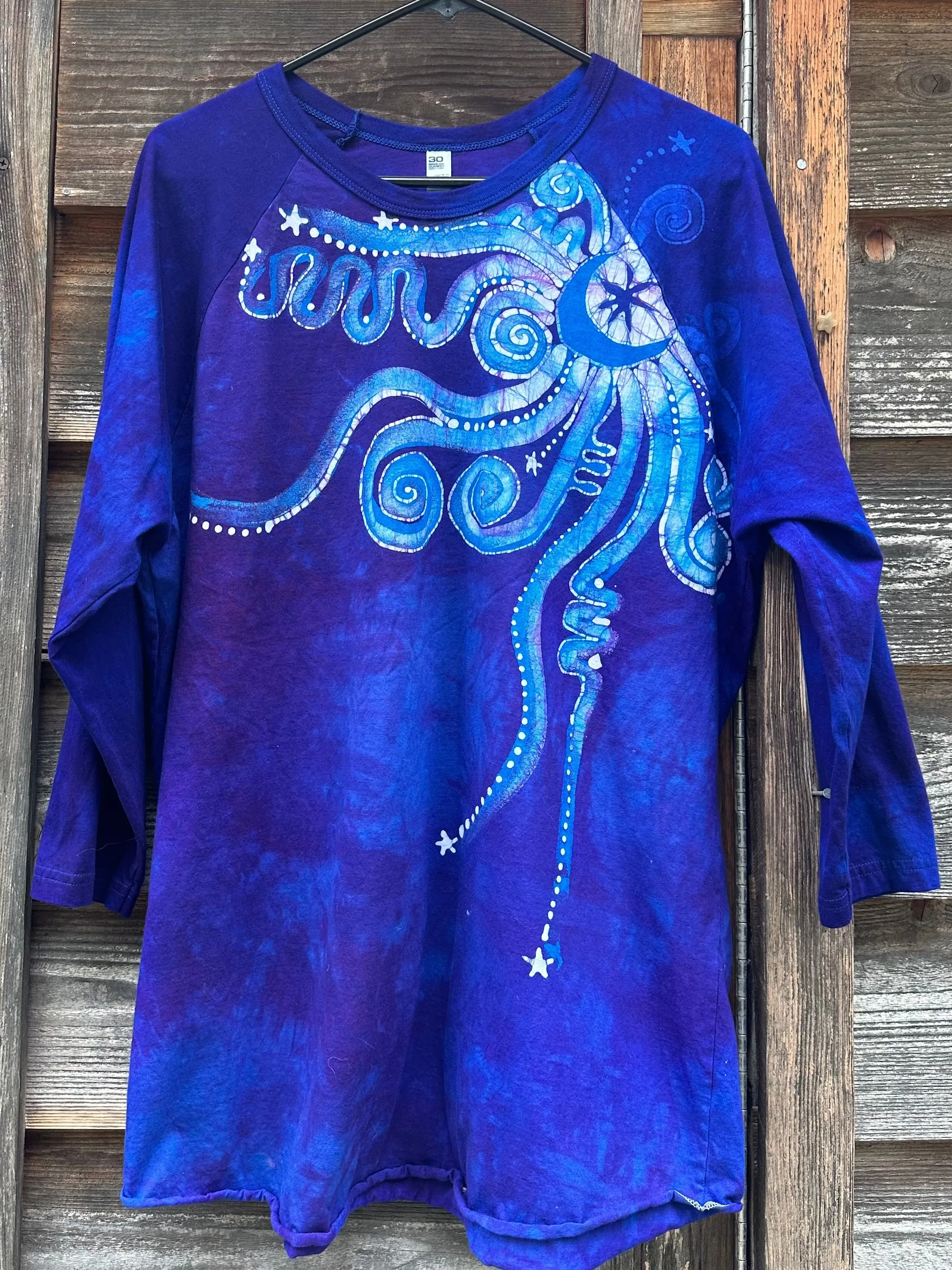 Purple and Blue Moonbeams Raglan Quarter Sleeves Batik Tee