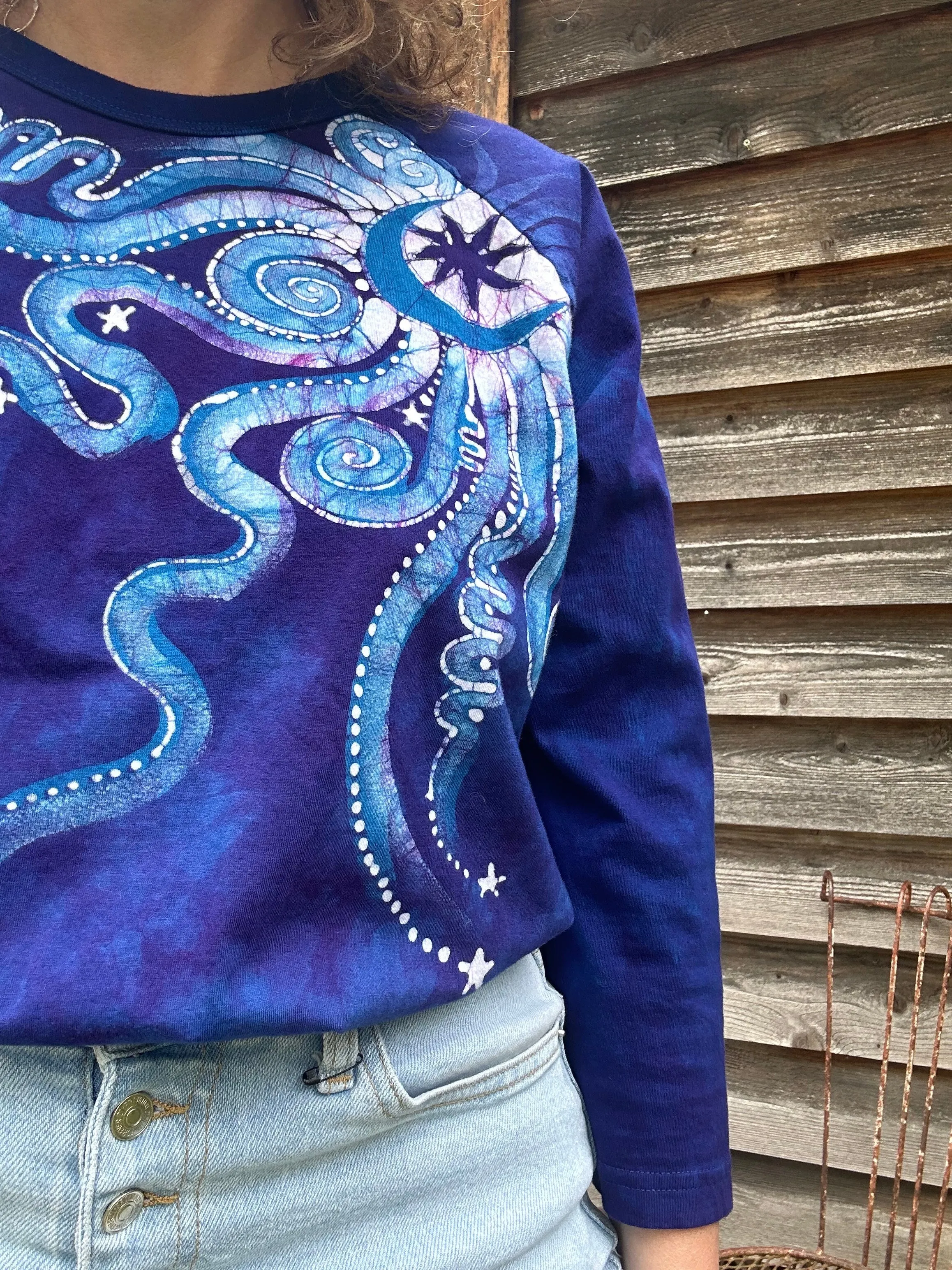 Purple and Blue Moonbeams Raglan Quarter Sleeves Batik Tee