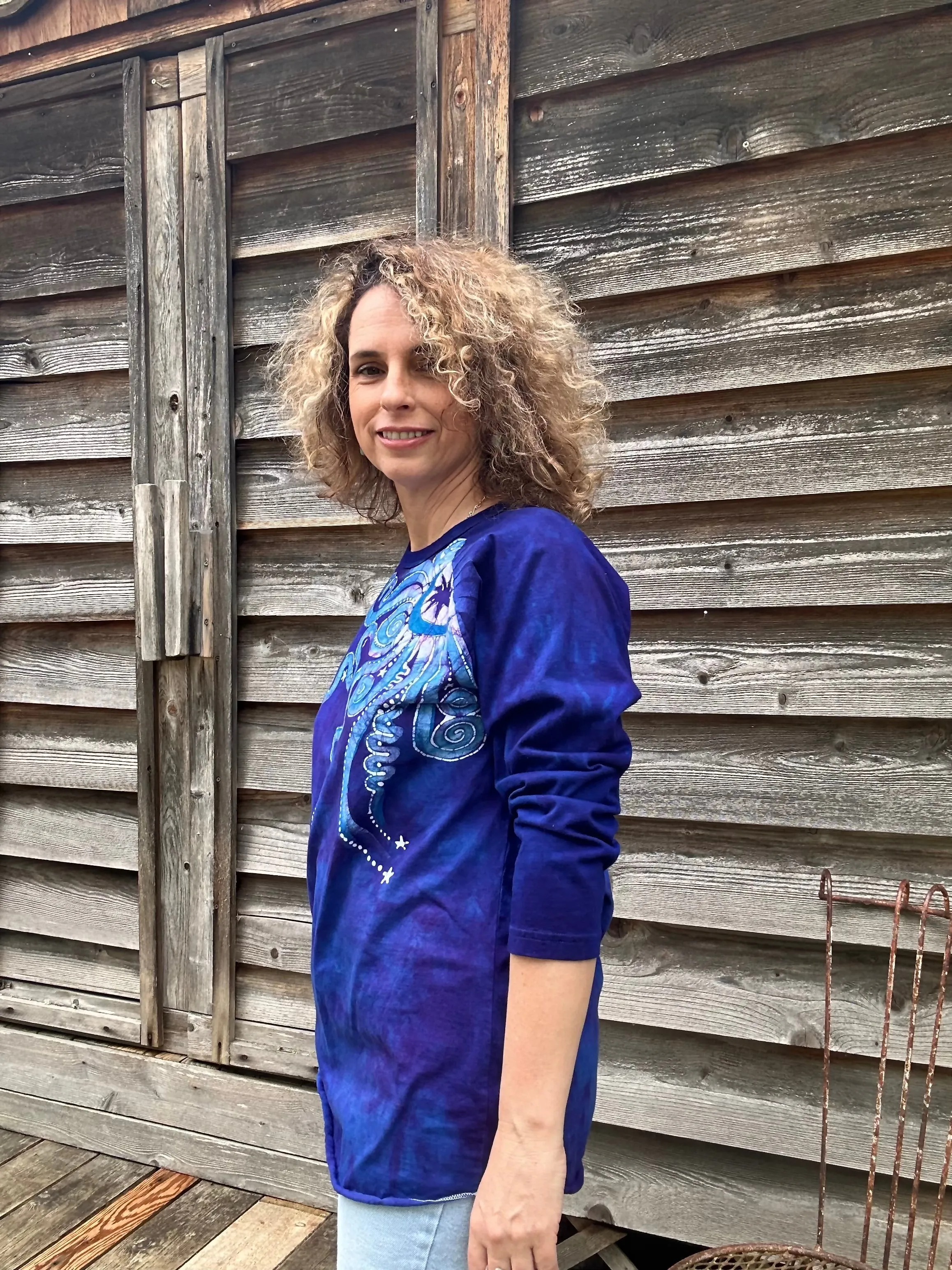 Purple and Blue Moonbeams Raglan Quarter Sleeves Batik Tee