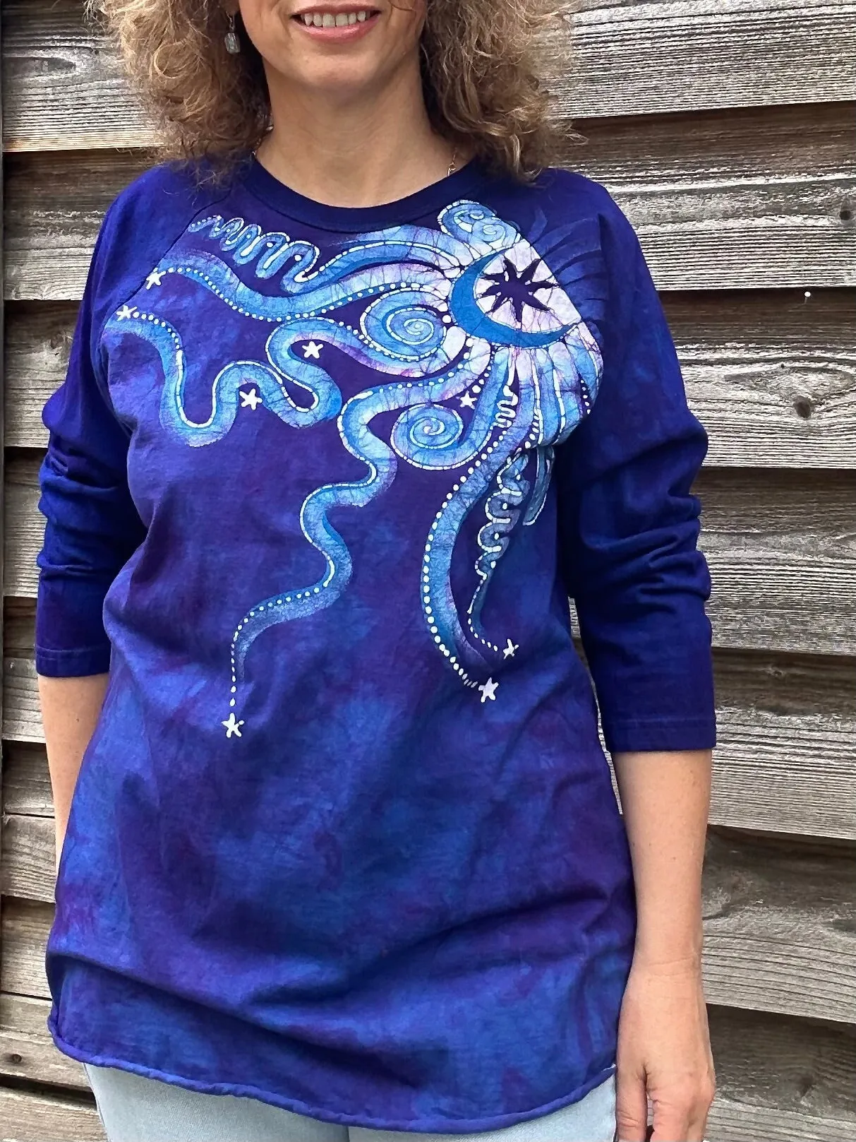 Purple and Blue Moonbeams Raglan Quarter Sleeves Batik Tee