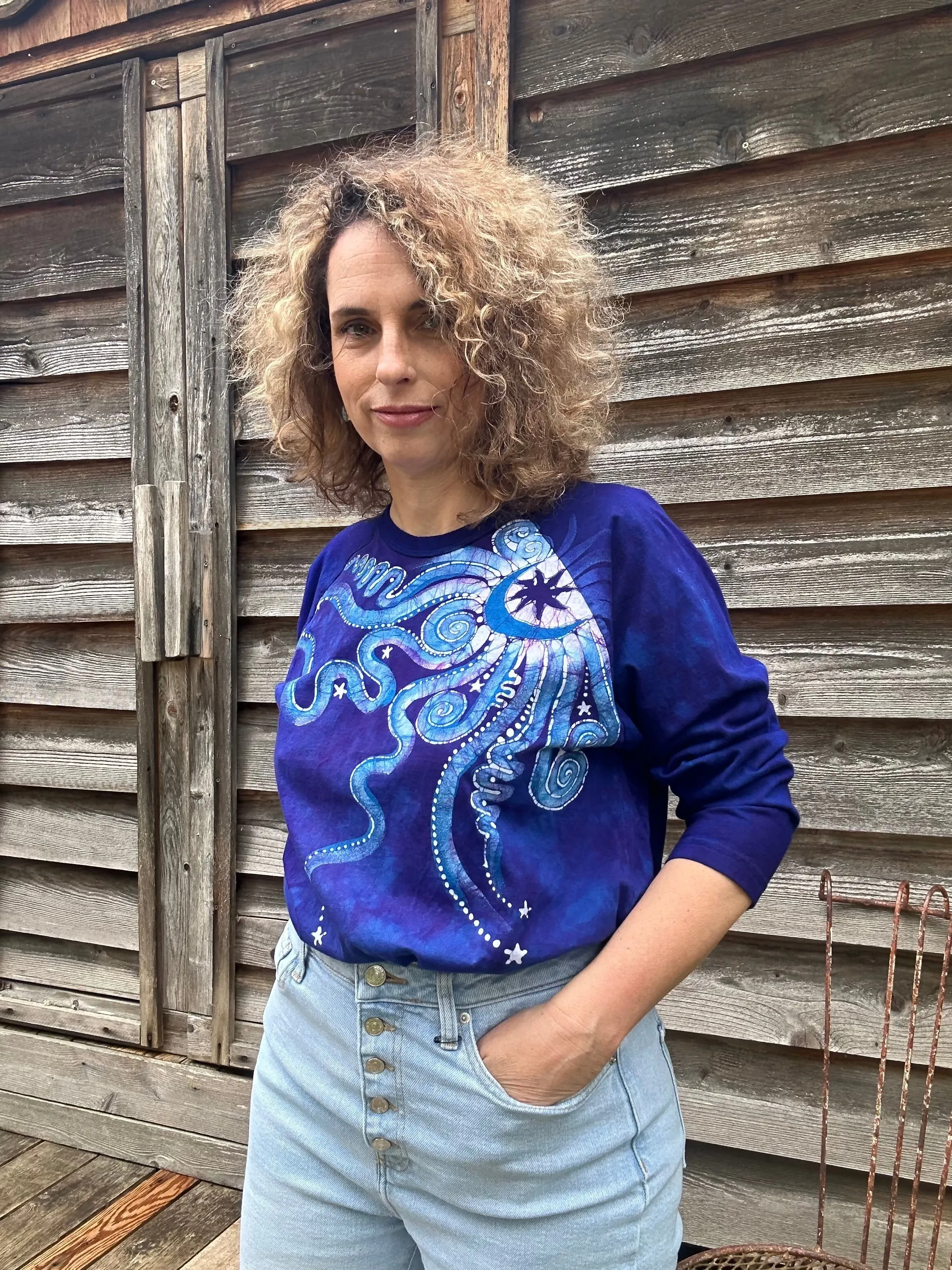 Purple and Blue Moonbeams Raglan Quarter Sleeves Batik Tee
