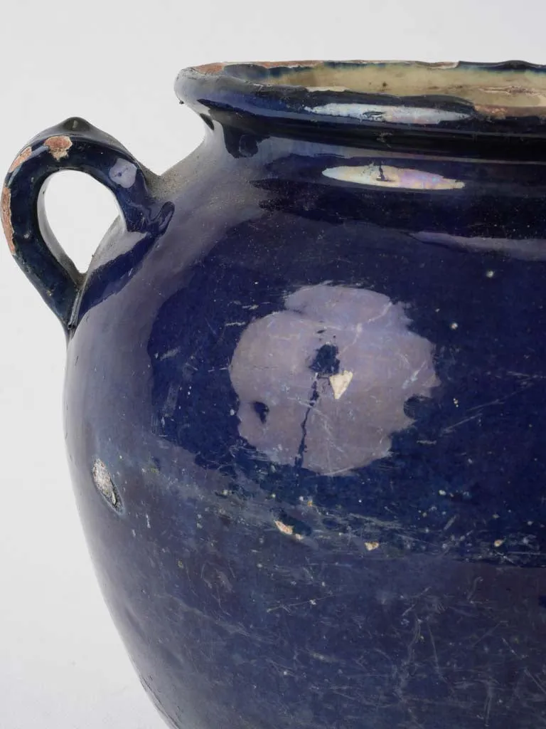 Rare antique French confit pot w/ blue glaze & green 9¾"