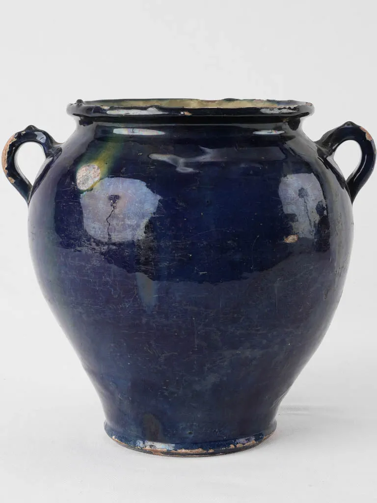 Rare antique French confit pot w/ blue glaze & green 9¾"