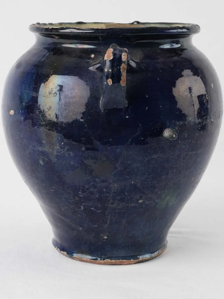 Rare antique French confit pot w/ blue glaze & green 9¾"