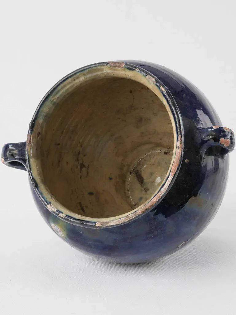Rare antique French confit pot w/ blue glaze & green 9¾"