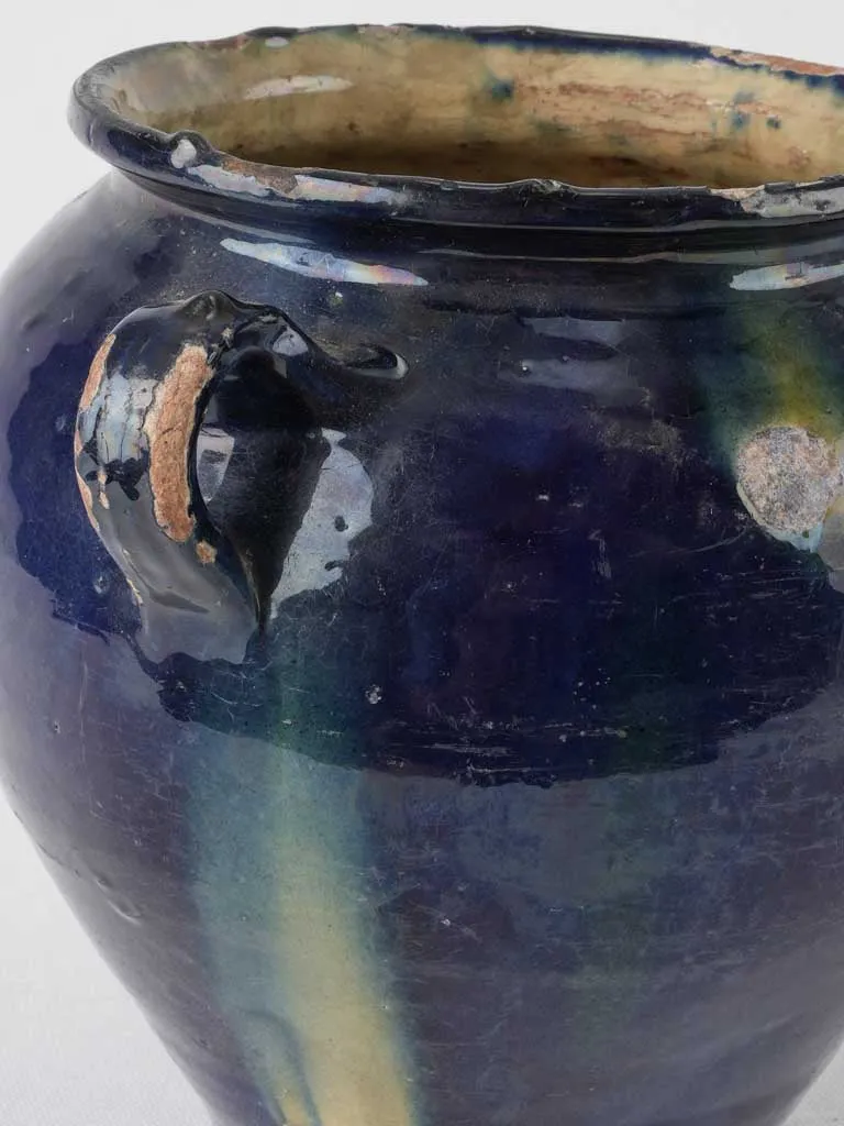 Rare antique French confit pot w/ blue glaze & green 9¾"
