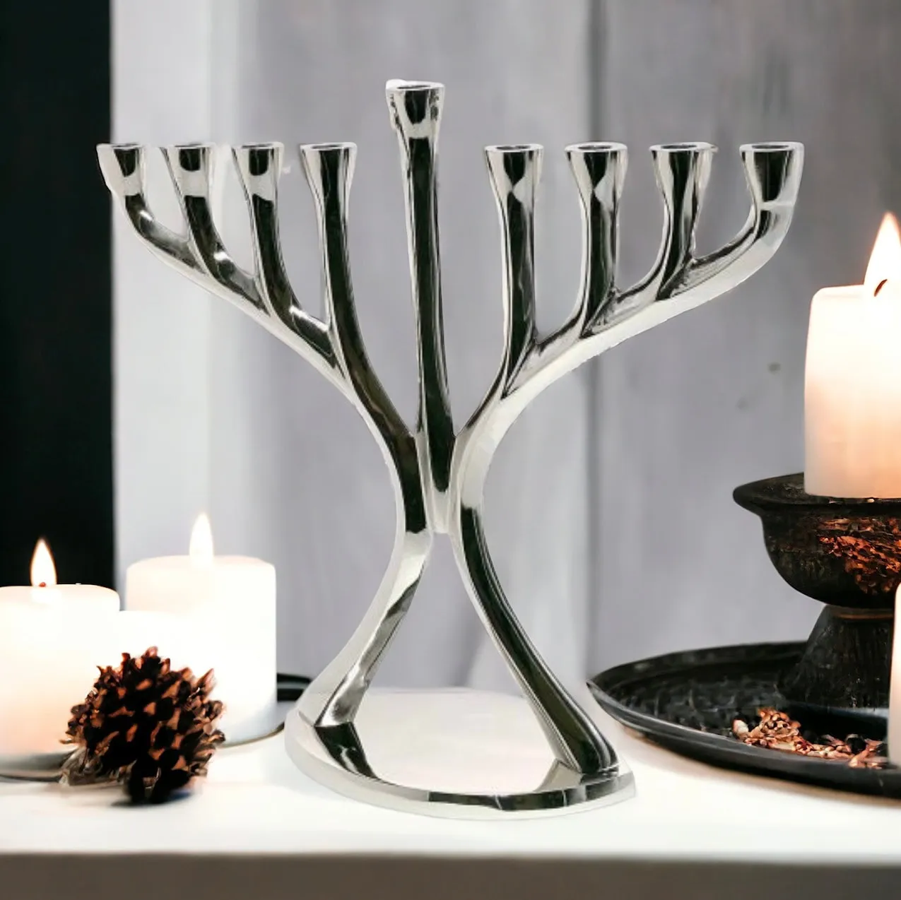 Silver Aluminium Menorah Candle Holder